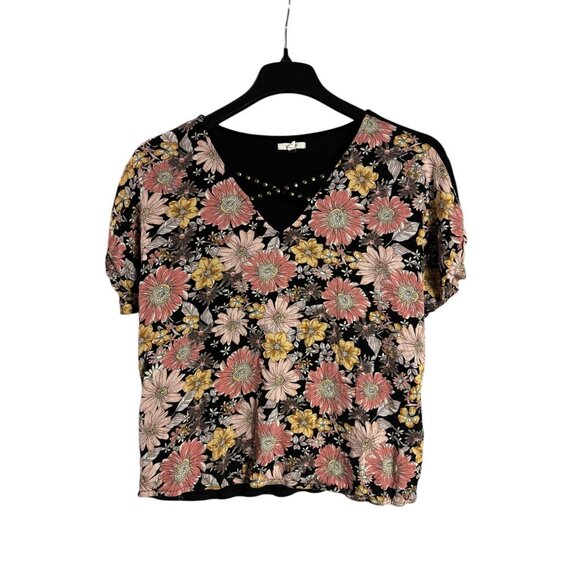 Maurices Womens Multicolor Floral Top Size L Pullover Solid Black Back V-Neck - Picture 1 of 3